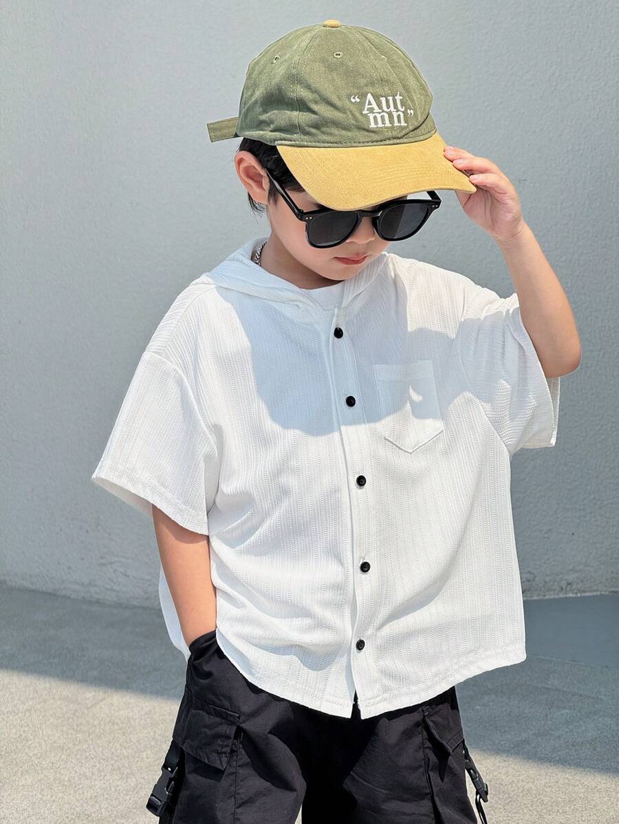 SHEIN Camicia casual con cappuccio a maniche corte in tessuto strutturato stile coreano da ragazzo, adatta per pendolarismo, scuola, abbigliamento casual quotidiano, sport, primavera/estate