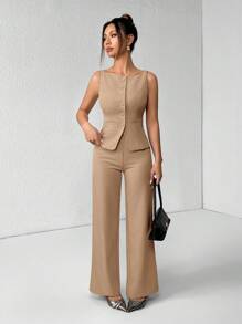 SHEIN PETITE Conjunto elegante de oficinista de unicolor con chaleco de cuello redondo de un solo botón y pantalones para mujer, traje de oficina de verano y otoño, ropa de mujer, conjunto de negocios casuales, dos piezas, conjuntos de blazer de mujer para otoño - Camel - Ver 7