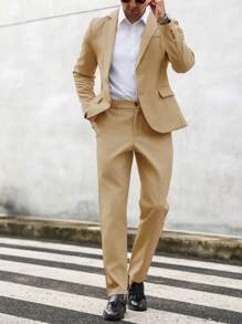 Manfinity Mode Men's Solid Color Long Sleeve Jacket And Pants Suit Set - Mustard Yellow - View 7