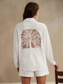 Anewsta 女士优雅度假休闲套装，白色镂空刺绣上衣，适合春秋季穿着 - 白色 - 查看 3