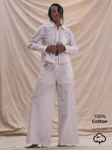 MUSERA Pantalón ancho de tela con detalle de botones en la pierna, elegante para primavera y verano, estilo bohemio y casual para fiestas - Blanco - Ver 1