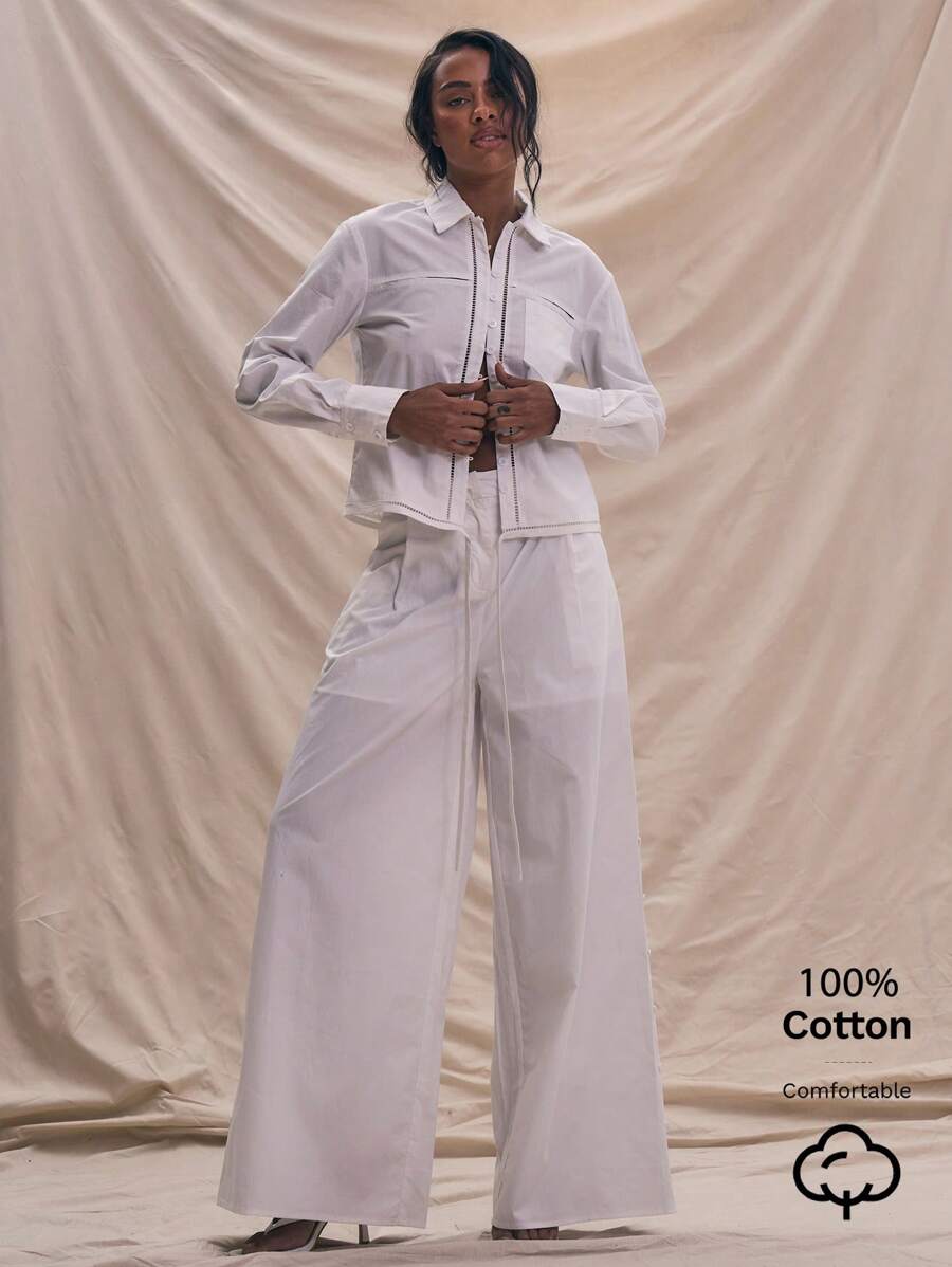 MUSERA Pantalón ancho de tela con detalle de botones en la pierna, elegante para primavera y verano, estilo bohemio y casual para fiestas - Blanco - Ver 1