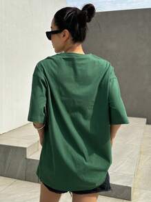DAZY 翻盖细节落肩开衩下摆超大码 T 恤 - 墨綠色 - 查看 2