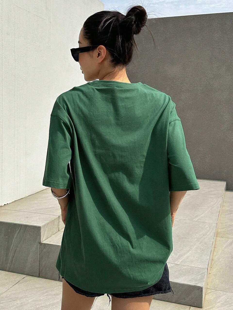Flap Detail Drop Shoulder Split Hem Tee Oversized T-Shirt
