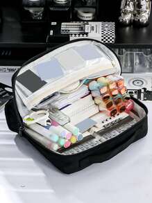 1pc Simple Solid Color Large Capacity Handheld Pencil Case,Student Stationery Thick Multi-Layer Fabric Storage Bag, Large Capacity Suitable For A Complete Set Of Watercolor Pens, Paint Storage, Painting, Sketching Essential,For Stationery And Cosmetic,Back To School