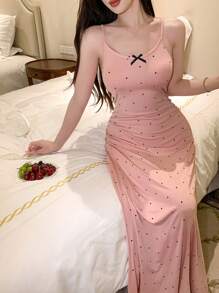 DAZY 波尔卡圆点印花蝴蝶结缀饰腰部抽绳设计高腰女式睡裙睡衣 - 粉色 - 查看 7