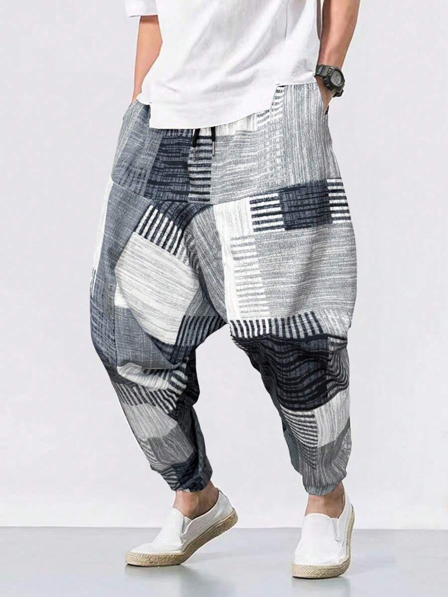Manfinity EZcore 男士多色梭织七分哈伦裤，抽象几何印花，拉链细节，Emo，2000 年代风格，秋季 - 彩色 - 查看 1