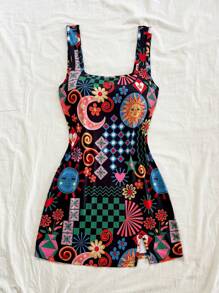 Soleia 休闲印花 V 领露背女式迷你连衣裙，适合度假、音乐节、波西米亚风、节日约会和下午茶