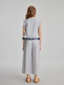 Ontre Spring & Summer Tween Girls Navy Striped Ruffle Trim Sleeveless Pullover Top And Wide Leg 3/4 Length Pants Casual Matching Two Pieces Outfit, Simple And Versatile For Outgoing, Home, Vacation - White - View 4