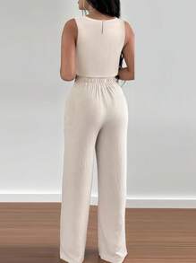 INAWLY Conjunto casual de 2 piezas para mujer compuesto por camiseta sin mangas de cuello redondo y pantalones rectos de tirantes huecos, elegante para vacaciones