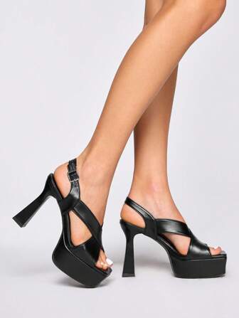 Goth Women's Black High Heel Summer Open Toe Sandals, Thick Heel Work Dress Casual Vacation Party Formal Heeled Shoes
