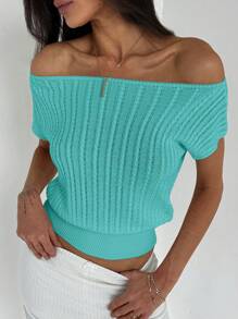 Aloruh 简约优雅露肩针织修腰女式 T 恤，百搭穿着 - 淺藍色 - 查看 1