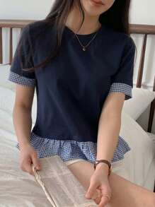 DAZY 女士格子拼布圆领休闲短袖T恤 - 藏蓝色 - 查看 6