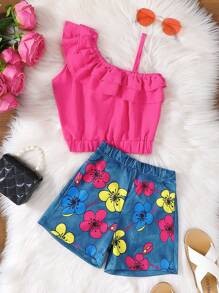 2pcs Girls' Casual Outfit: Sleeveless Wave Pattern One Shoulder Top And Digital Floral Print Denim Shorts Set, Spring/Summer - Hot Pink - View 3