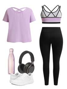 Easithlete Plus Size Short Sleeve T-Shirt And Biker Shorts 2pcs Sports Suit Workout Women Sets Glowmode Twilight - Multicolor - View 2