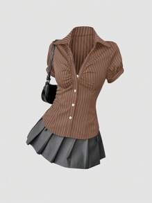 SHEIN Unity 经典美式复古黑白条纹短袖短款衬衫，修身设计，百搭女士 - 咖啡棕 - 查看 1