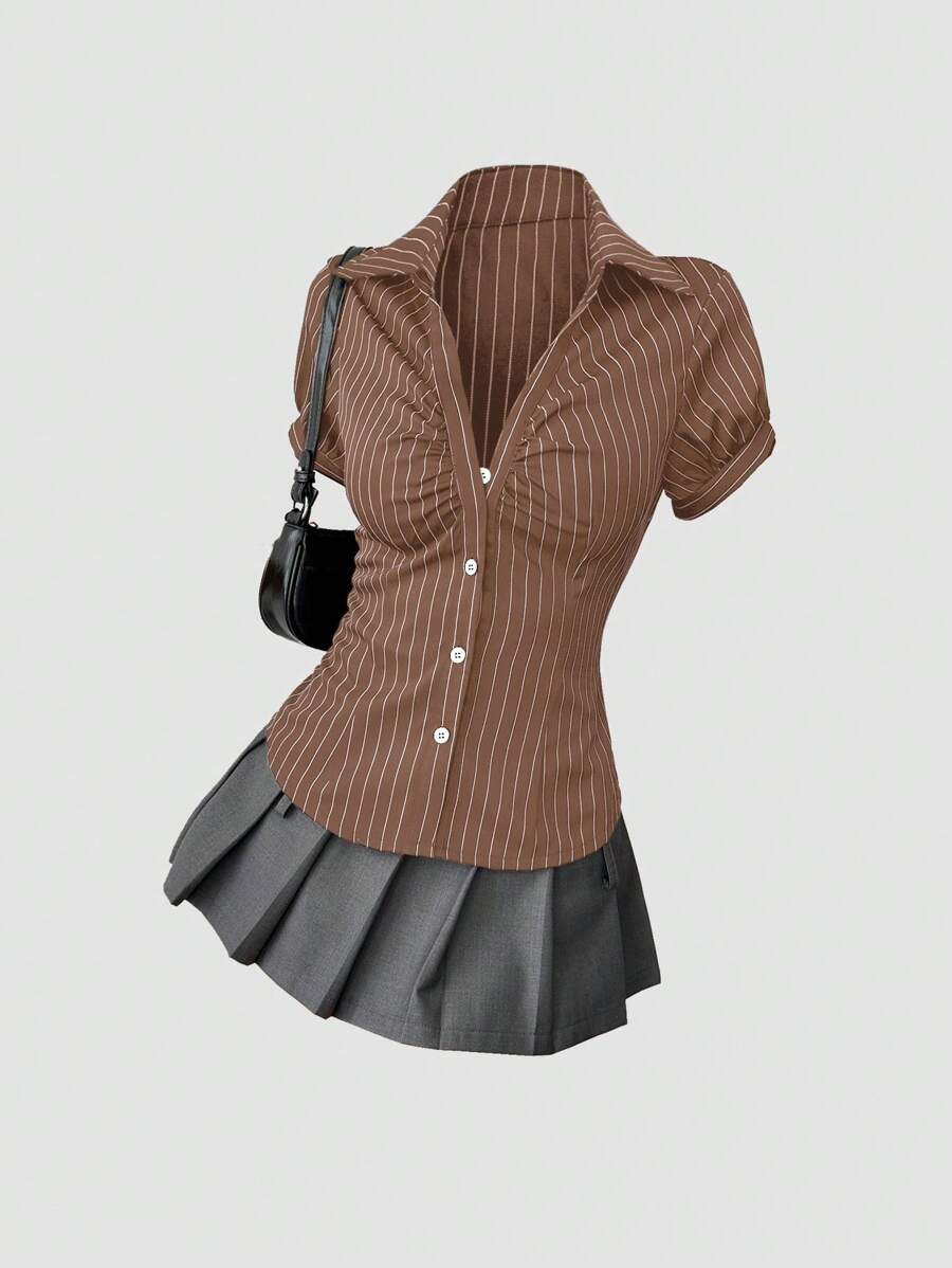 SHEIN Unity 经典美式复古黑白条纹短袖短款衬衫，修身设计，百搭女士 - 咖啡棕 - 查看 1