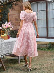 EMERY ROSE Mid-Calf Ladies' Round Neck Short Sleeve Dress, Fashionable For Summer - Pink - View 2