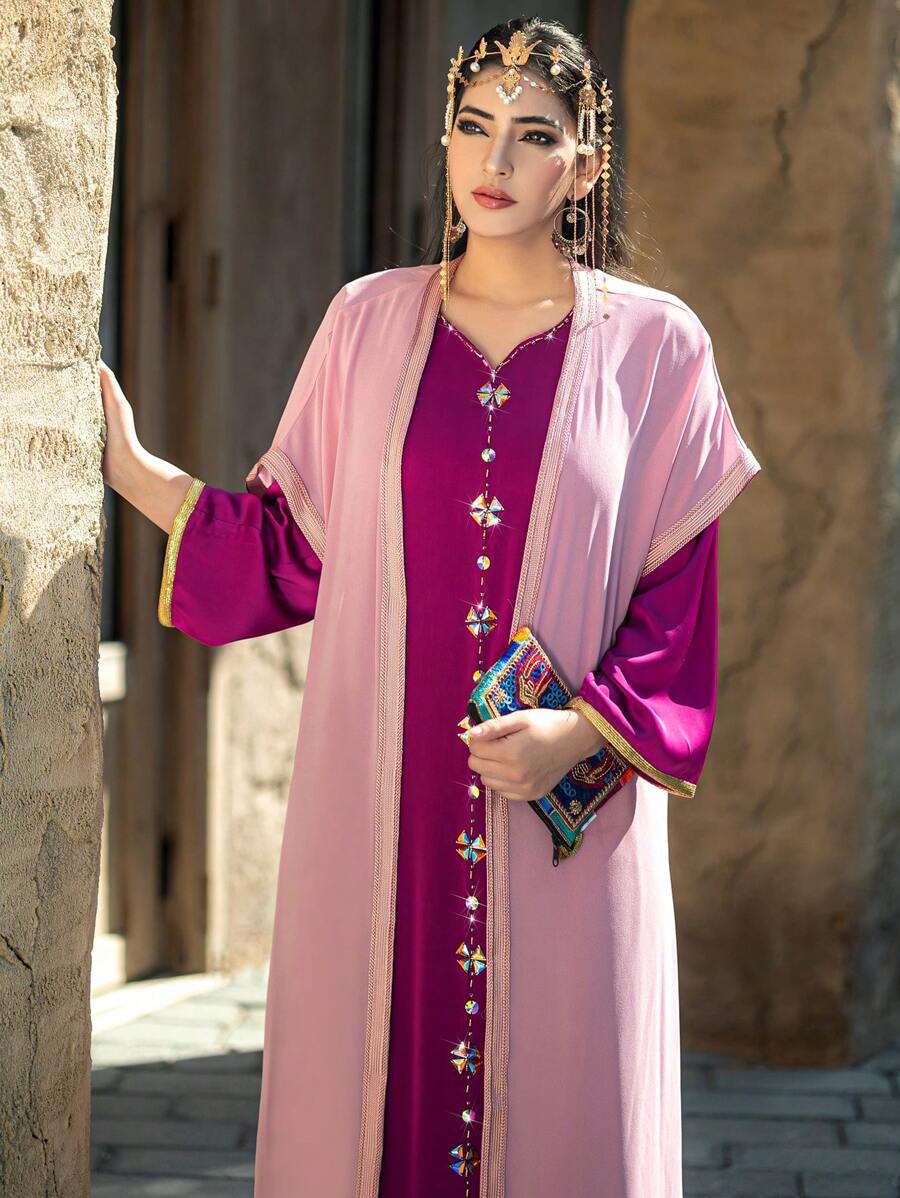 SHEIN Najma Modest Long Fabric Kaftan For Women: Pink Layered Design With Short Sleeves And Crystal Embellishments - Pink - View 1