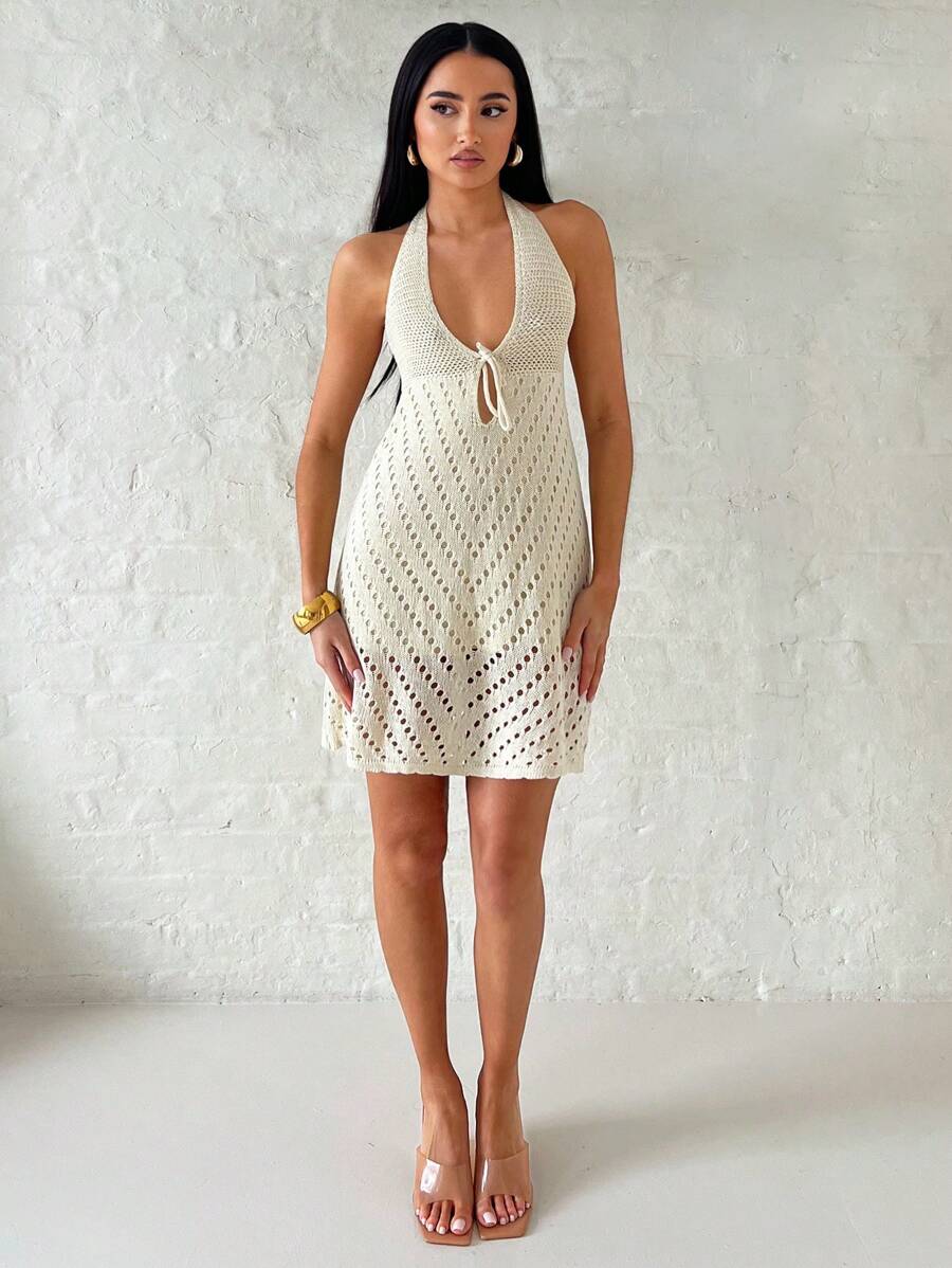SHEIN BAE Women Solid Color Halter Neck Sleeveless Knit Mini Dress, Summer - Apricot - View 1