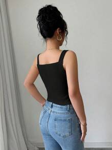 Elenzga Nueva Blusa sin mangas de corte slim, cuello en V, de primavera/verano 2025, estilo casual - Negro - Ver 2