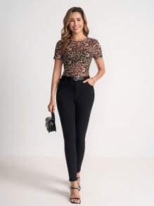 Ellevyn Elegante camicetta da donna sexy con stampa leopardo in in rete, manica regolare, colletto alto, vestibilità slim, stampa all-over, leopardato, motivo texture, abbigliamento casual da ufficio, abbigliamento vacanze, abbigliamento spiaggia, abbigliamento resort