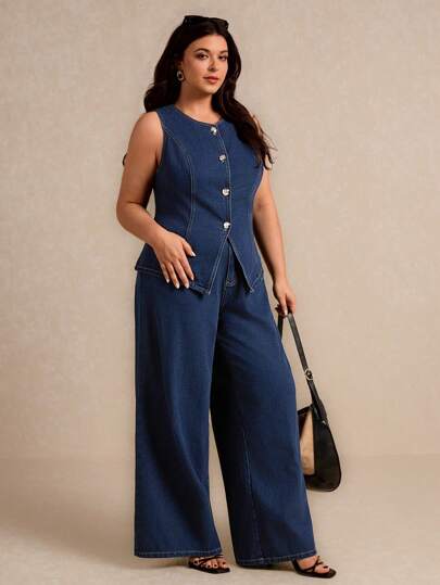 Elaquor Plus Size Denim 2 Pieces Set: Sleeveless Vest And Pants, Old Money, Fall Women Clothes