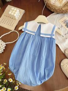 新生女宝宝可爱撞色蝴蝶结无袖连体衣，夏季 - 藍色 - 查看 5