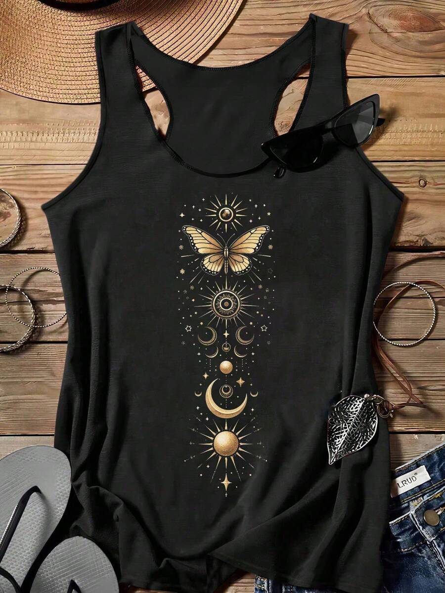SHEIN LUNE Women's Casual Foil Sun God & Butterfly Yoga Racerback Tank Top, Suitable For Spring/Summer
