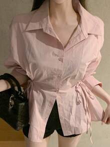 DAZY Blusa de manga larga con cintura ceñida y lazo lateral para mujer - Rosa - Ver 4