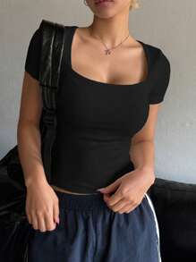 DAZY Top de mujer de ajuste ceñido, de cuello cuadrado y mangas cortas, sexy, de verano, top corto para mujeres