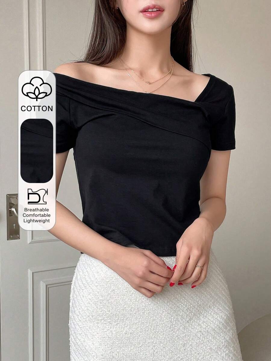 DAZY 女士纯色不对称领口T恤、短款上衣 - 黑色 - 查看 1