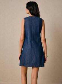 Poéselle Women's Denim Dress With Pockets Waved Placket Button Placket Women's Dress Blue Dress Straight Dress Women Round Neck Sleeveless Single Button Pocket Denim Dress Blue Dress Blue Women Dresses Navy Blue Dress Western Dress Western Women Dresses Navy Blue Women Dress, Old Money, Business Casual Woman - Medium Wash - View 5