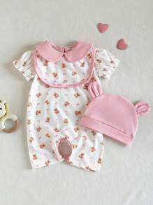 SHEIN Summer Newborn Baby Girl Pink Doll Collar Patchwork White Short Sleeved Cartoon Bear Print Pattern Jumpsuit Shorts And Same Color Bib Paired With Pink Hat Three Pieces Set