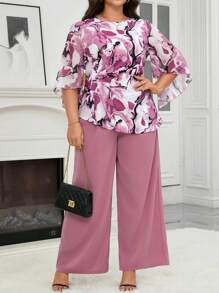 Reflora Bộ 2 áo sơ mi tay loe in họa tiết Batik cỡ lớn cho nữ và quần ống rộng, trang phục ngày lễ - Nhiều màu - Xem 5