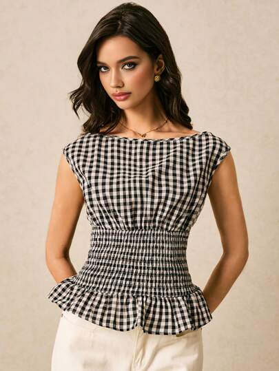 Poéselle Black And White Checkered Color Clash Waisted A-Swing Top - Perfect For Casual Chic Look Checkered Patterned Blouse, Summer Tutu Style, Stylish Casual Wear, Stylish Everyday Tops