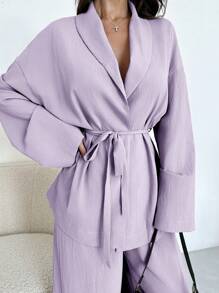 Firerie Women Elegant Casual Holiday Office Lapel Waist Tie Loose Shacket And High Waist Casual Long Pants, Autumn/Summer Purple - Lilac Purple - View 4