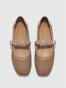 CUCCOO BIZCHIC Women's Brown Grid & PU Mixed Color Patchwork Square Toe 1cm Chunky Heel Casual Flats