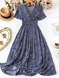 EMERY ROSE Women's Casual Short Sleeve Printed Dress, Random Design Maxi Women Outfit