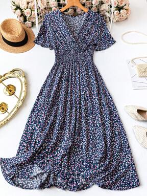 EMERY ROSE Women's Casual Short Sleeve Printed Dress, Random Design Maxi Women Outfit