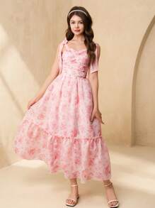 SHEIN Vestido con estampado floral elegante y tirantes desmontables, perfecto para adolescentes, bodas y ocasiones formales