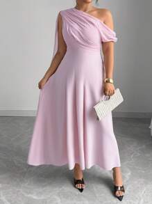 Elenzga 大码女式纯色褶饰优雅单肩连衣裙 - 粉色 - 查看 5