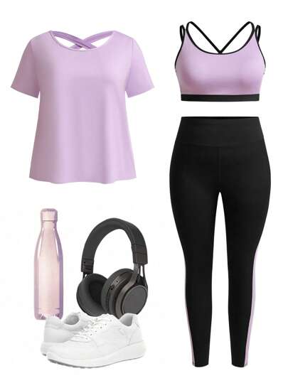 Easithlete Plus Size Short Sleeve T-Shirt And Biker Shorts 2pcs Sports Suit Workout Women Sets Glowmode Twilight