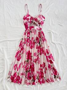 Soleia Women's Floral Print Buttoned Hollow-Out Design Slip Midi Dress For Summer Vacation,Sun Dresses For Women - Multicolor - View 3