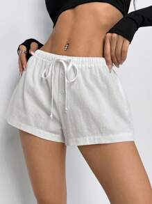 SHEIN PETITE Quần short thường ngày rộng rãi có dây rút eo màu trơn dành cho nữ - trắng - Xem 8