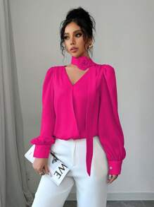 Elenzga 1 pieza Camisa elegante de mujer de manga larga con flor 3D de unicolor, perfecta para el viaje al trabajo - Rosa Fucsia - Ver 3