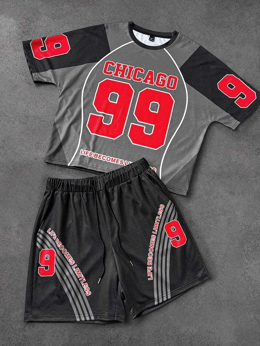 Manfinity EMRG 2pcs/Set Men's Sports Numeric Print Casual T-Shirt Set - Black - View 1