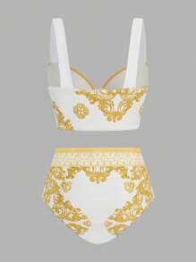Swim Oasis Women's Baroque Print Sexy Bikini Set With Coverup And Skirt, Summer Beach - Yellow - View 4