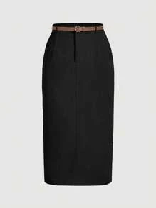 SHEIN MOD Plus Size Women 1pc Women Corduroy Black Bodycon Pencil Skirt With Side Slit, Mid-Length Skirt With Belt,Spirng Women Skirts - Black - View 1