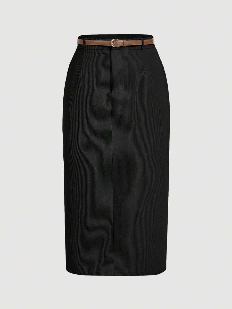 SHEIN MOD Plus Size Women 1pc Women Corduroy Black Bodycon Pencil Skirt With Side Slit, Mid-Length Skirt With Belt,Spirng Women Skirts - Black - View 1